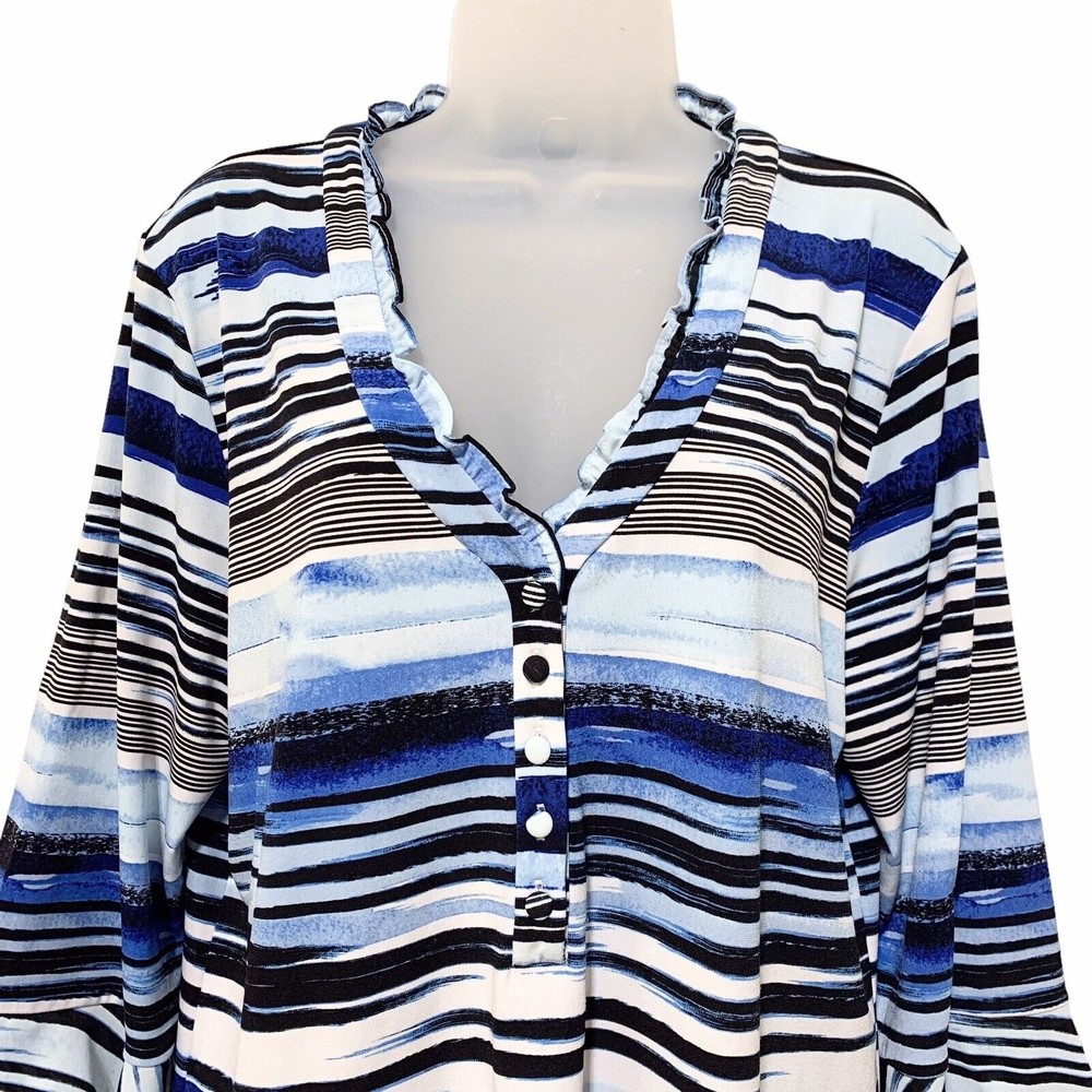 Karl Lagerfeld Womens L Blue Stripe Ruffle Collar 3/4 Sleeve Jersey Top Blouse - Picture 2 of 11